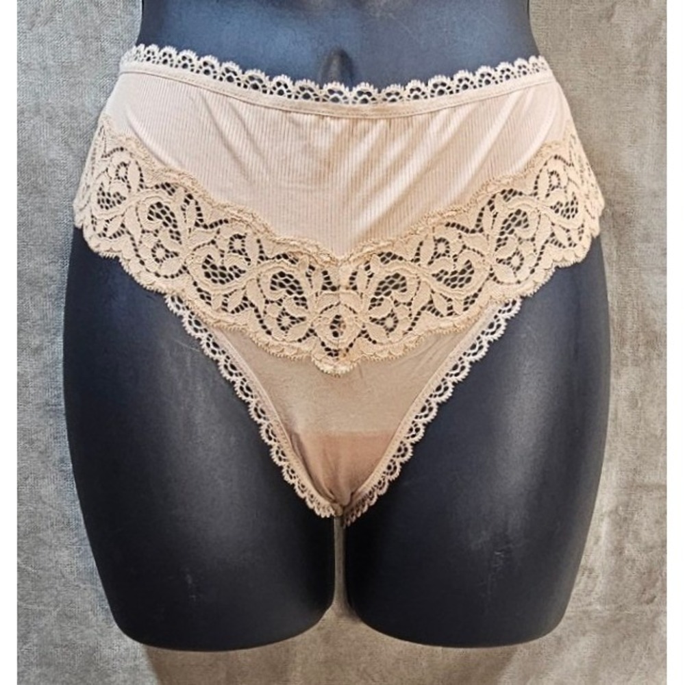 Victorias Secret Body by Victoria Lace Trim Ribbed Bikini Panty Tan XL New